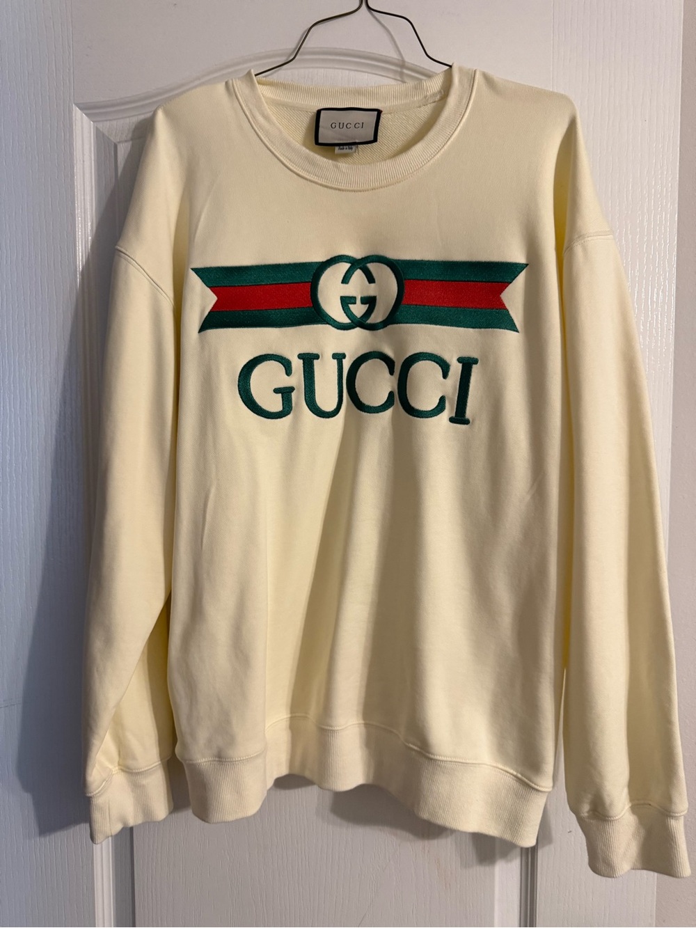 Gucci Men’s Cream Crewneck with Green and Red Logo Stripe